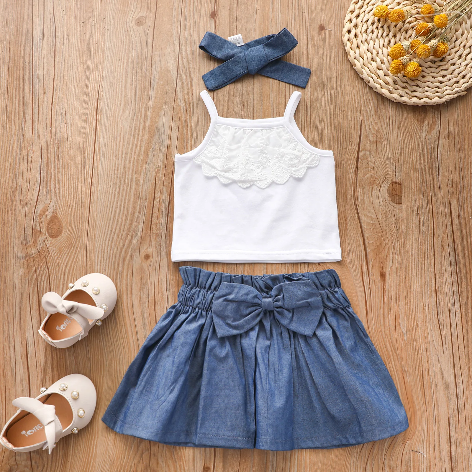 

OPPERIAYA Baby Girls sleeveless lace Tops Denim Skirts Bow Headband Ruffle Sling Shirts Patchwork Half-Dress Summer lovely Suit
