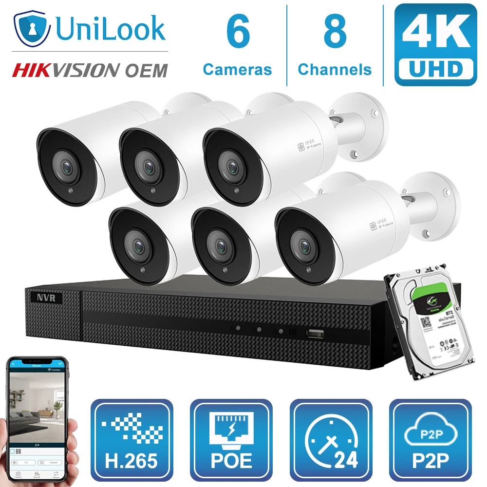 6 Bullet Cams Kit Hikvision OEM 8CH 4 к NVR 8MP пуля POE IP Камера 4/6/8 шт. открытый системы безопасности ONVIF H.265 CCTV NVR Наборы с 1/2/4 ТБ HDD - Цвет: 6 Bullet Cams Kit