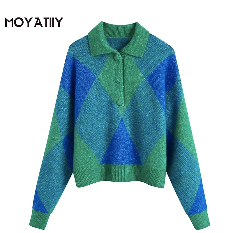 

MOYATIIY Women 2022 Fashion Patchwork Plaid Knit Sweater Casual Turn-down Collar Pullover Sweaters Long Sleeve Female Tops