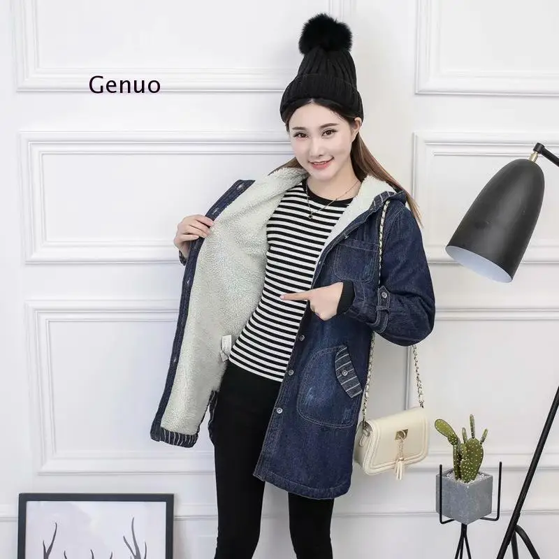 Модная зимняя джинсовая куртка с капюшоном для женщин Корея Стиль Осенняя овечка