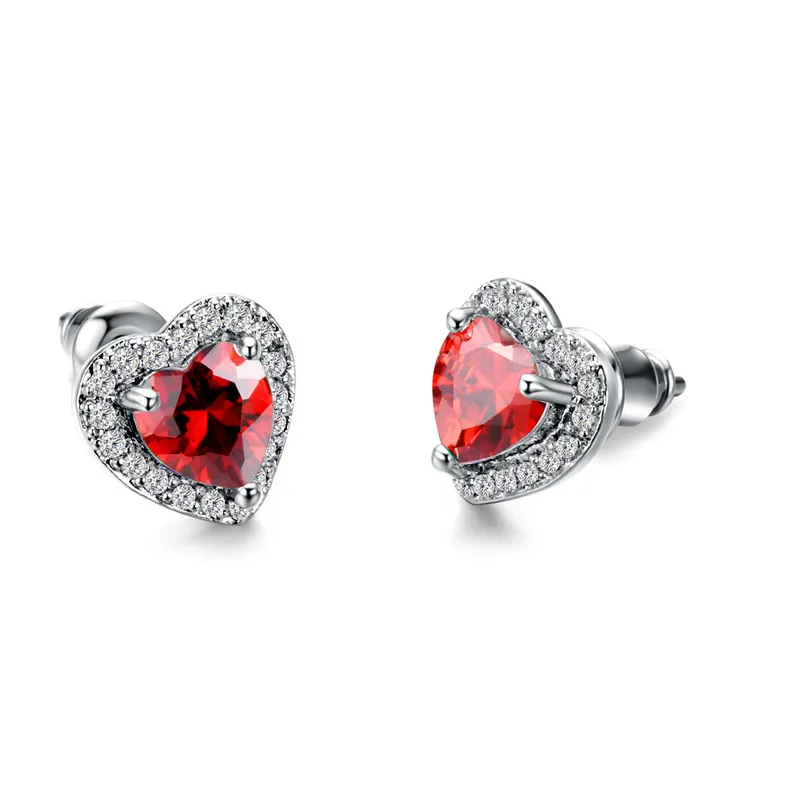 Red Роскошные женские черные/зеленые/красные/белые серьги-гвоздики Мода 925 серебряные маленькие серьги в форме сердца для женщин винтажные Свадебные украшения - Окраска металла: Red