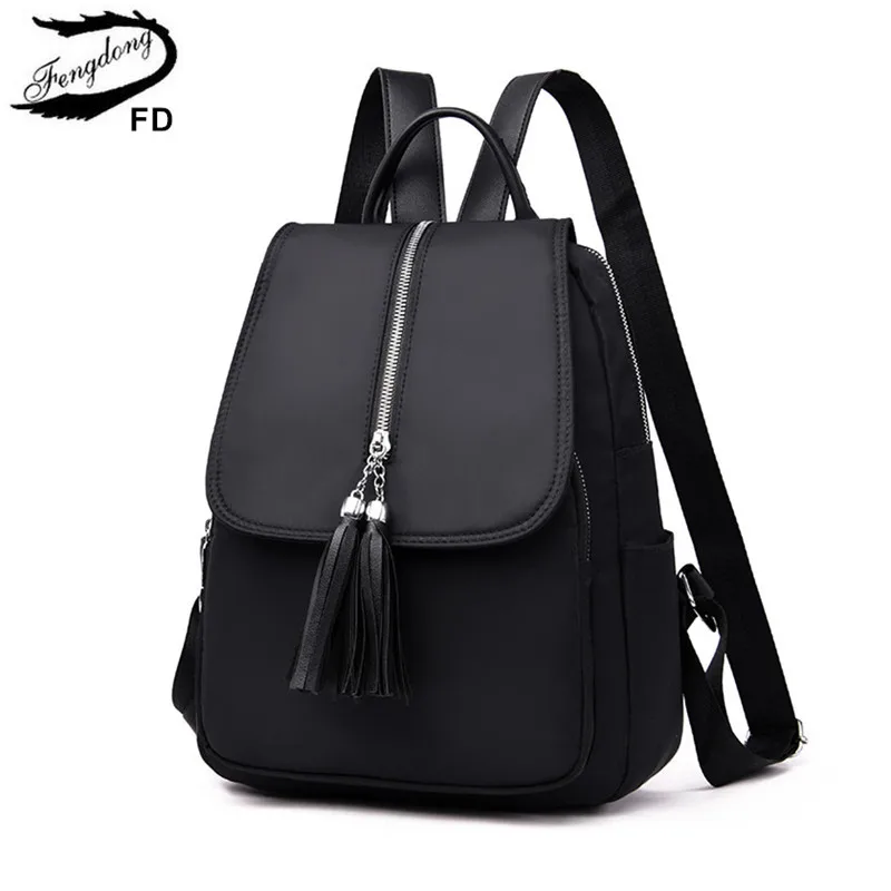 FengDong женский простой черный маленький рюкзак модная сумка с кисточками