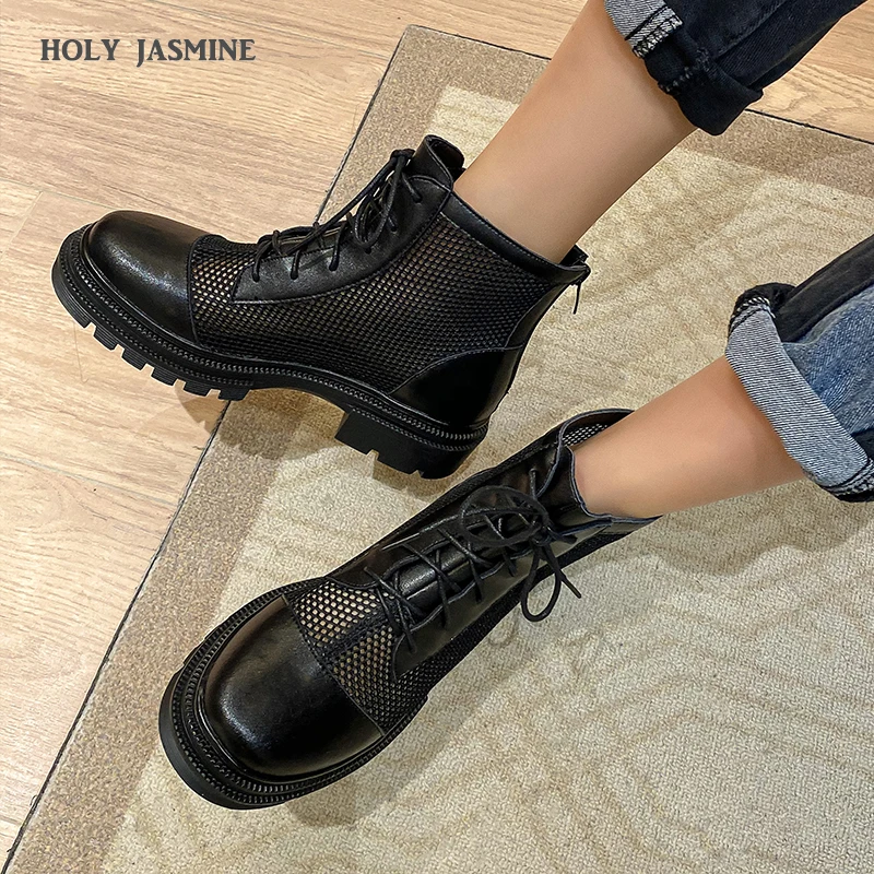 

New Summer Sandals with Hollow Out Woman Short Tube Network Boot Strap Black Gauze Roman Shoes Womens Platform Heels Women Boots
