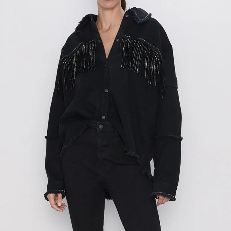 

Женская джинсовая куртка с бахромой Lugentolo, осенняя модная однобортная куртка с лацканами и необработанными краями