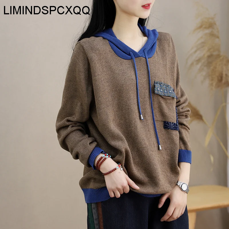 

LIMINDSPCXQQ Winter Womens Hooded Design Loose Sweaters European Style Ladies Casual Vintage Elegant Jumpers Patchwork Pullover