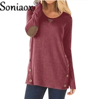 2021 hot sale new spring autumn women t shirt women fashion solid color casual loose tops long sleeve button elbow patch t shirt