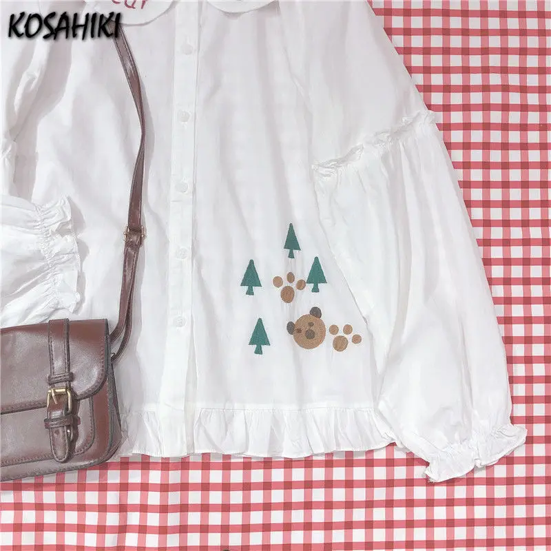 

KOSAHIKI Kawaii White Peter Pan Collar Shirt Women Cartoon Bear Embroidery Lantern Sleeve Blouse 2021 Jk Tops Blusas Korean