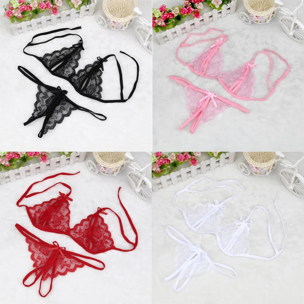 

Women's Bras G-string Thong Erotic Apparel Two Piece Set Ladies Sexy Lingerie Lace Hollow Out Perspective Underwear Nightgown