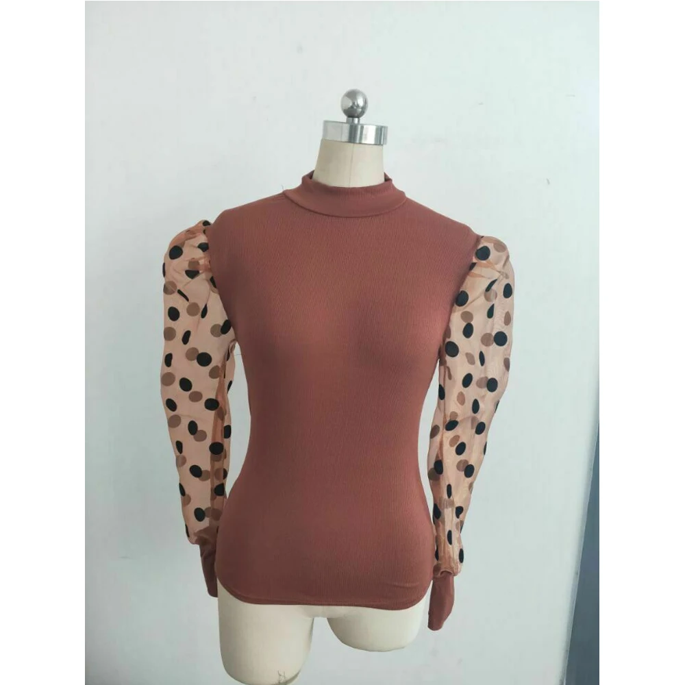 Женская рубашка в мелкий рубчик горошек с высоким воротом сетчатая пышными