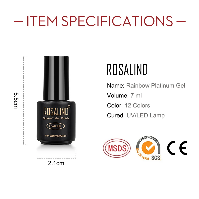 ROSALIND Gel Polish Rainbow Platinum Glitter Top Base Coat All For Nails And Design Tip Varnish Art Hybrid | Красота и здоровье