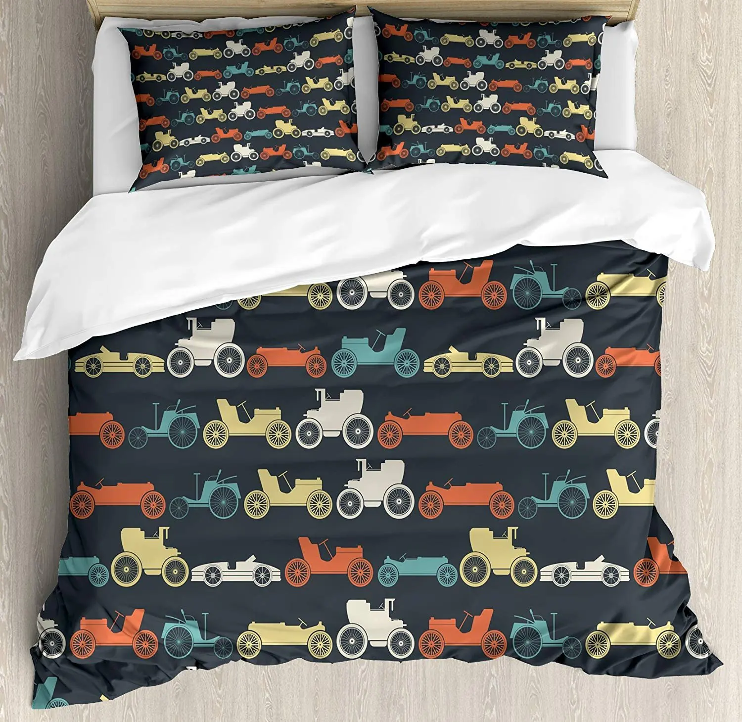 

Cars Bedding Set Vintage Cars in Pattern Vehicles from Twenties Automobile Pillowcases Quilt Cover Bed Set For Home