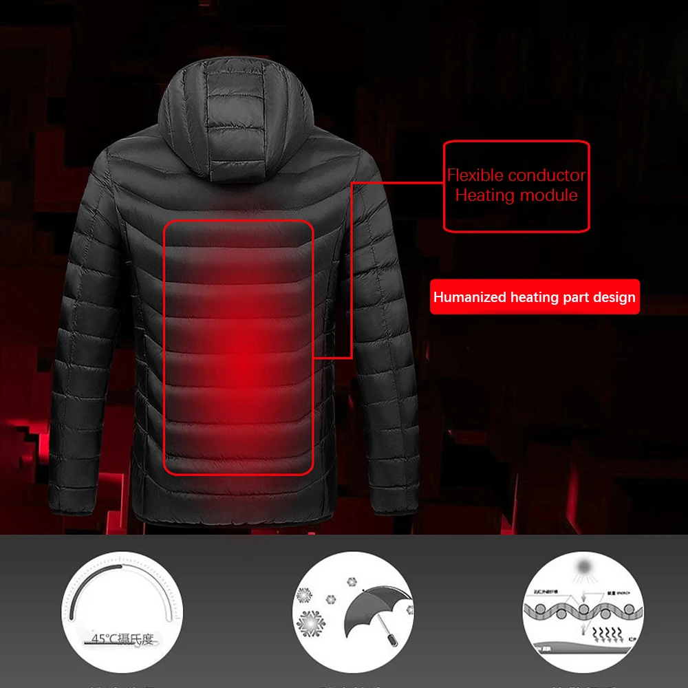 

3 Areas Heat Cottom Hooded Jacket 3 Gears Adjustment USB Electric Long Sleeves Thermal Coat Warm Winter Outdoor Clothes