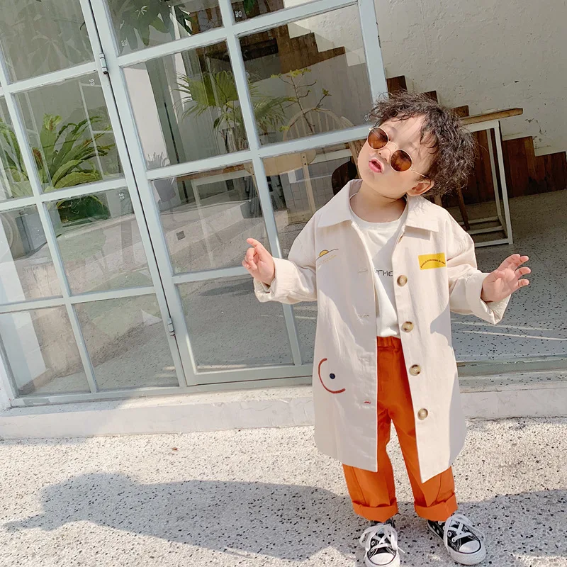 Модные Длинные куртки-тренчи для мальчиков Весенняя однобортная свободная