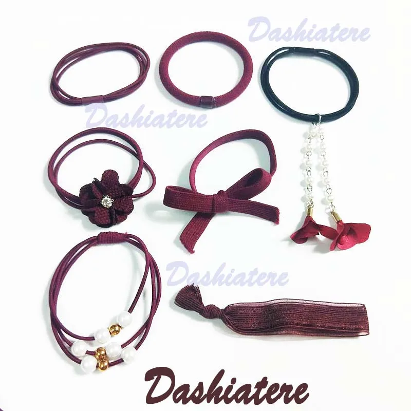 

7pcs/lot 2020 New Bow Pearl Elastics Hairties Scrunchies Set Woman Burgundy Ponytail Holders Pendant Rubber Bands for Hair