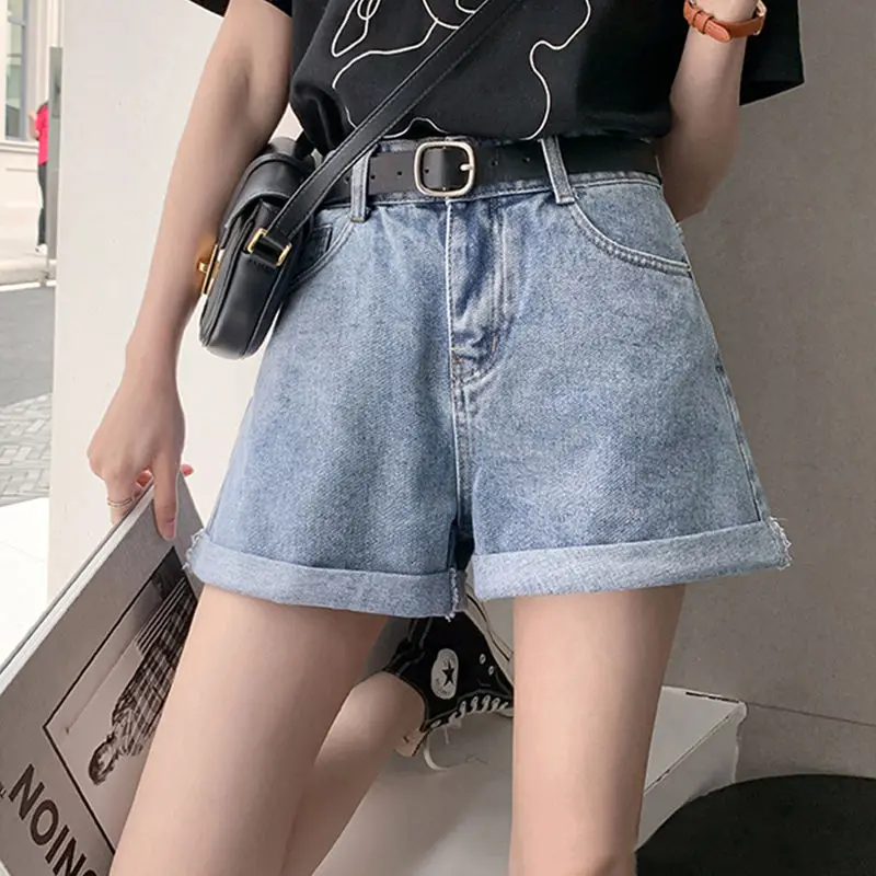 

New Summer Women High Waist Black Denim Shorts With Belt Casual Female Solid Color Wide Leg Loose Fit Blue Jeans Shorts