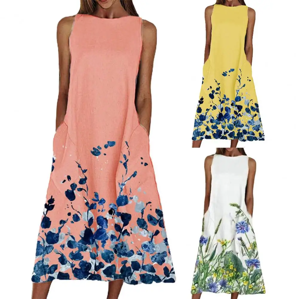 Лидер продаж 70% женское длинное платье-трапеция средней длины без рукавов с