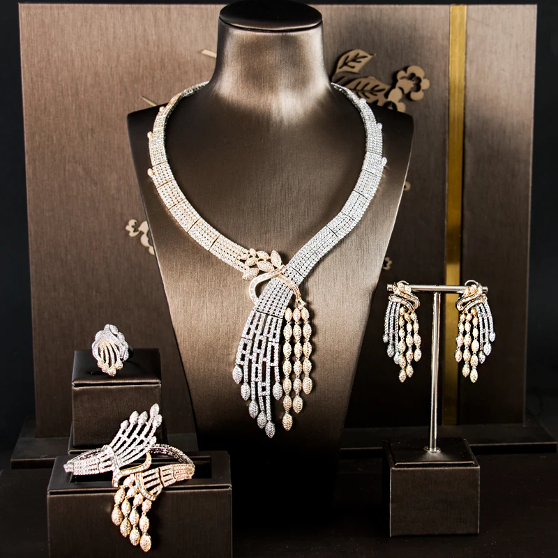 

Dazz модные роскошные 4 шт цветок Нигерия Блестящий Полный кубический циркон Золотые Ювелирные наборы свадебные Дубай Свадебные ювелирные из...