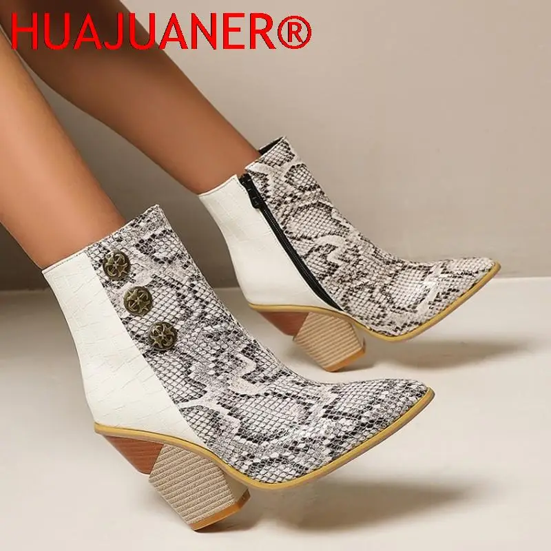 

New Western Boots Women Boots Thick High Heels Ladies Short Snake Print Size34-48 Autumn Winter Shoes Button Ankle Boots Female