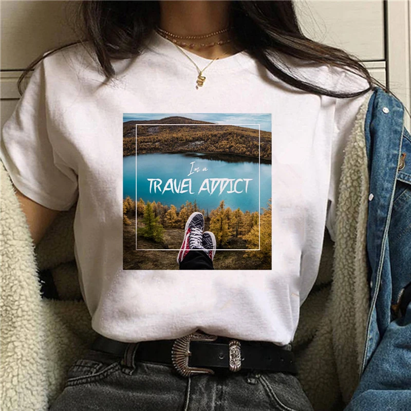 

The Great Wave of Aesthetic T-Shirt Women Tumblr 90s Fashion Graphic Tee Cute T Shirts And Travel Addict Summer Tops Female