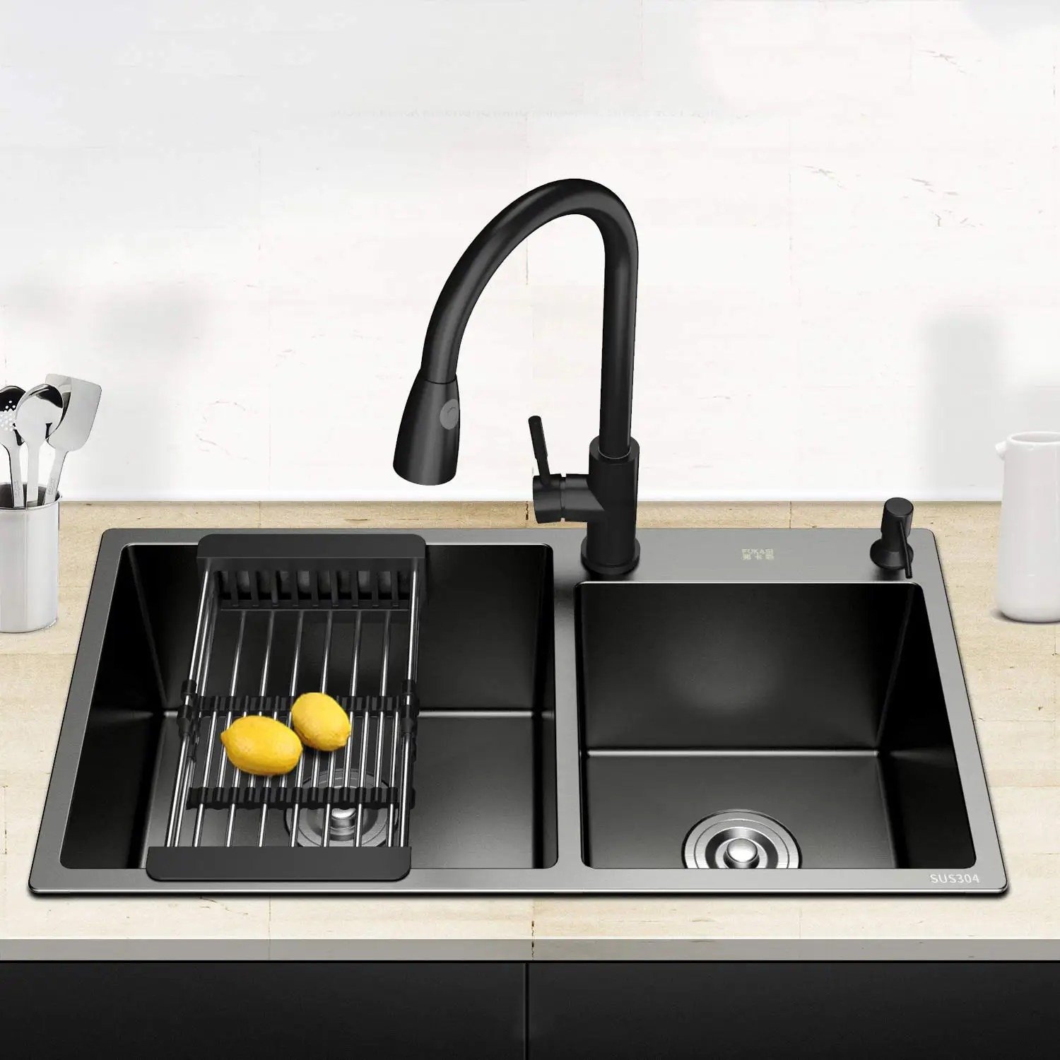 

Kitchen nano SUS304 stainless steel black sink handmade thickened wash basin double sink under counter basin AE02AC-0008