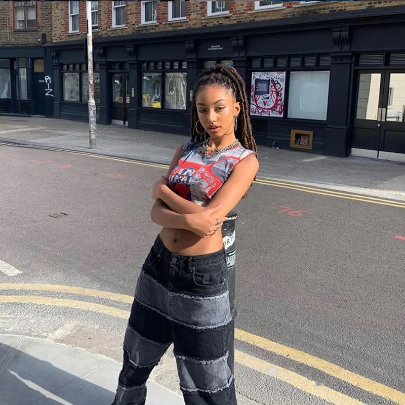 

Autumn Fashion Contrasting Colors Patchwork Jeans Casual Street Zipper Loose High Waist Trousers Office Lady Straight Pants