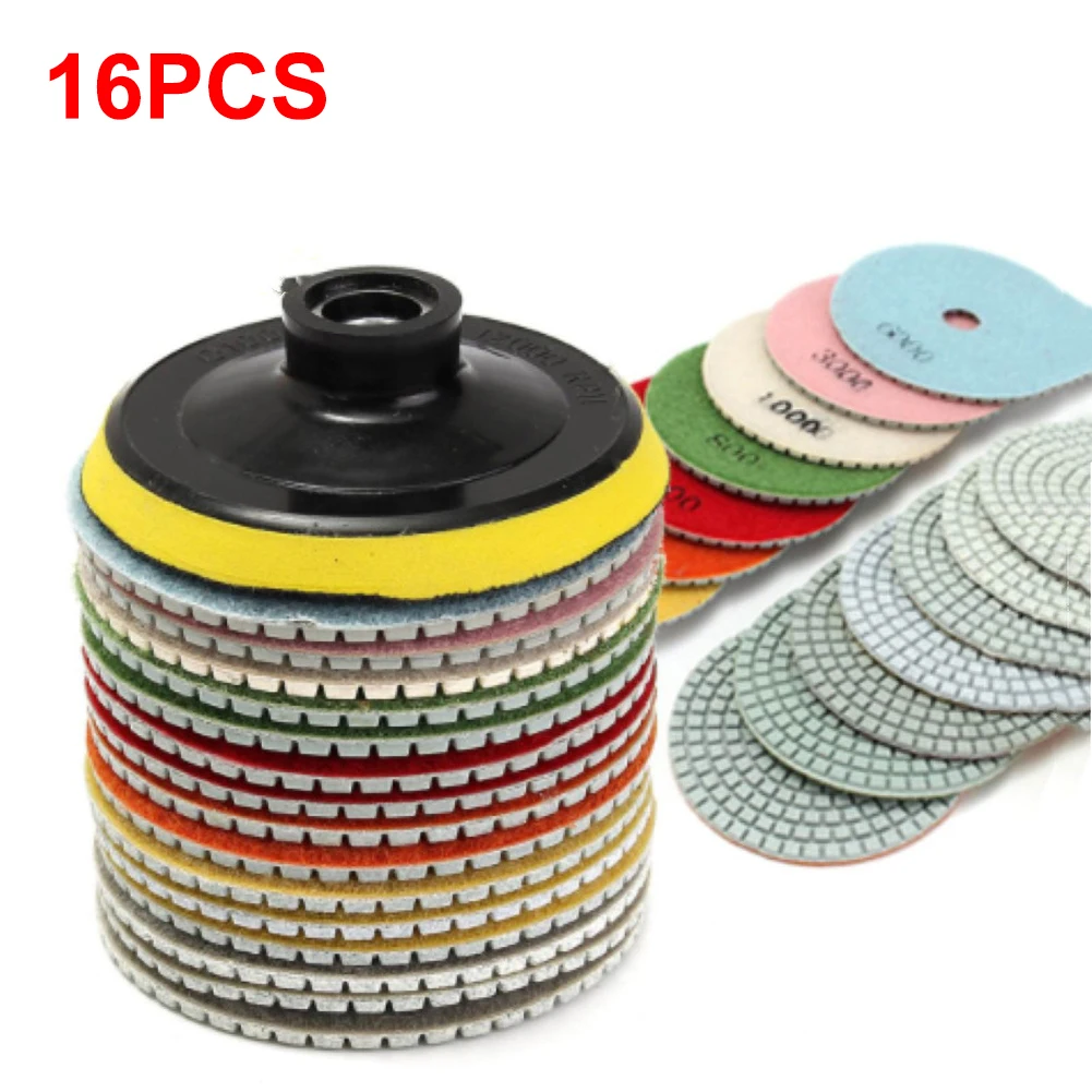 

Hot 16pcs Diamond Polishing Pads Kit 4 inch 100mm Wet/Dry for Granite Stone Concrete Marble Polishing Use Grinding Discs Set