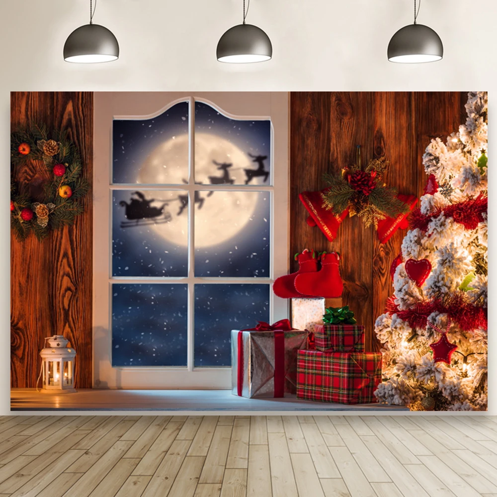 

Indoor Christmas Tree Backdrop Flying Elk Cart Outside The Window Studio Photography Backgrounds Photocall Banner Decoration