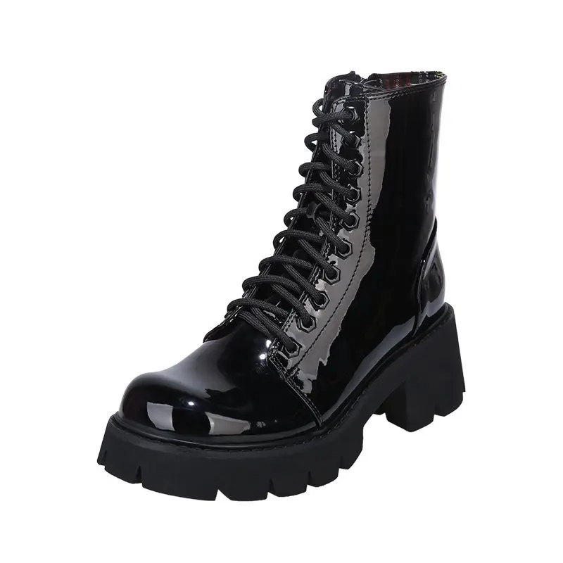 

2020 Fashion European Style Black Ankle Boots Round Toe Black Lace-up Boots Woman Platform Patent Leather Shoes Zip Cross-tied