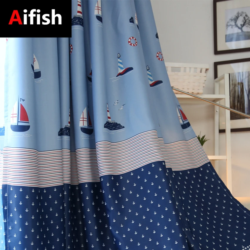 

Mediterranean Cartoon Blue Sailing Curtain Design Tulle For Children Baby Bedroom Living Room Home Decoration Cortinas TM027-3