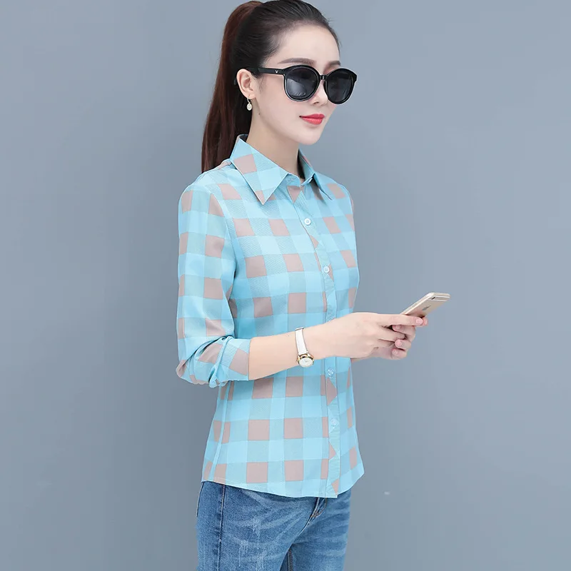 

2020 Spring and Autumn New Simple Plaid Shirt Women's Single-Breasted Cardigan Casual Professional Women's Blouses Et Chemises