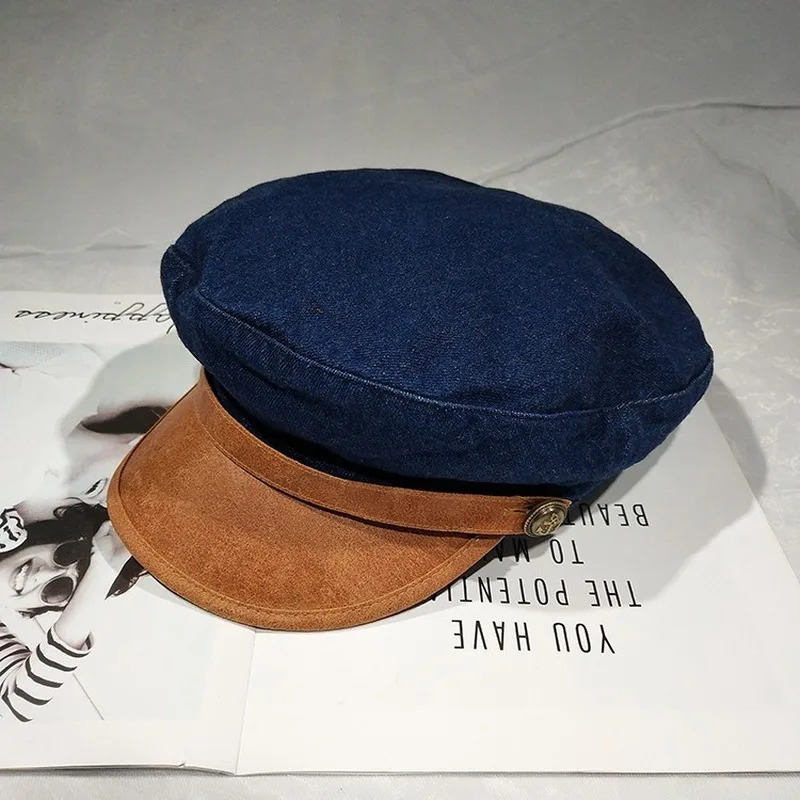 

New fashion lady jeans leather Navy cap retro European American painter cap spring and summer anti-swing duck tongue cap For Men