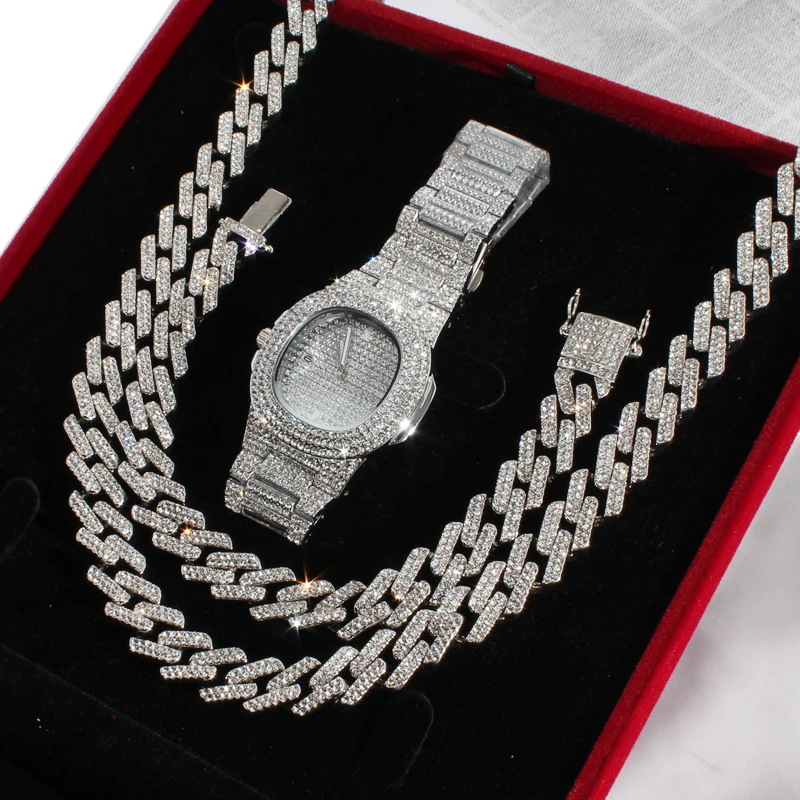 Хип хоп ледяной Techno Pave Watch и 8 &quot16&quot 18 &quot20&quot 24 &quotкубинский браслет цепочка с