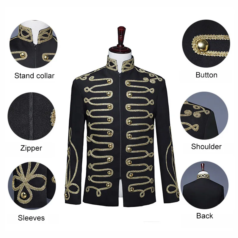 Victorian Palace Court Nobleman Jacket Tuxedo Military Hussar Footman Bandsman Formal Wear Dress Stand collar Punk Coat For Men |