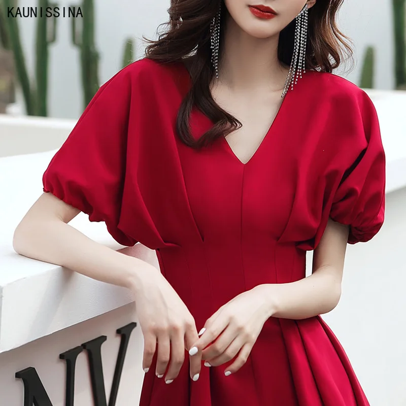 

KAUNISSINA Vintage Cocktail Dresses V-Neck Short Sleeve A-Line Formal Dress Solid Women Pary Gown Homecoming Vestidos Plus Size