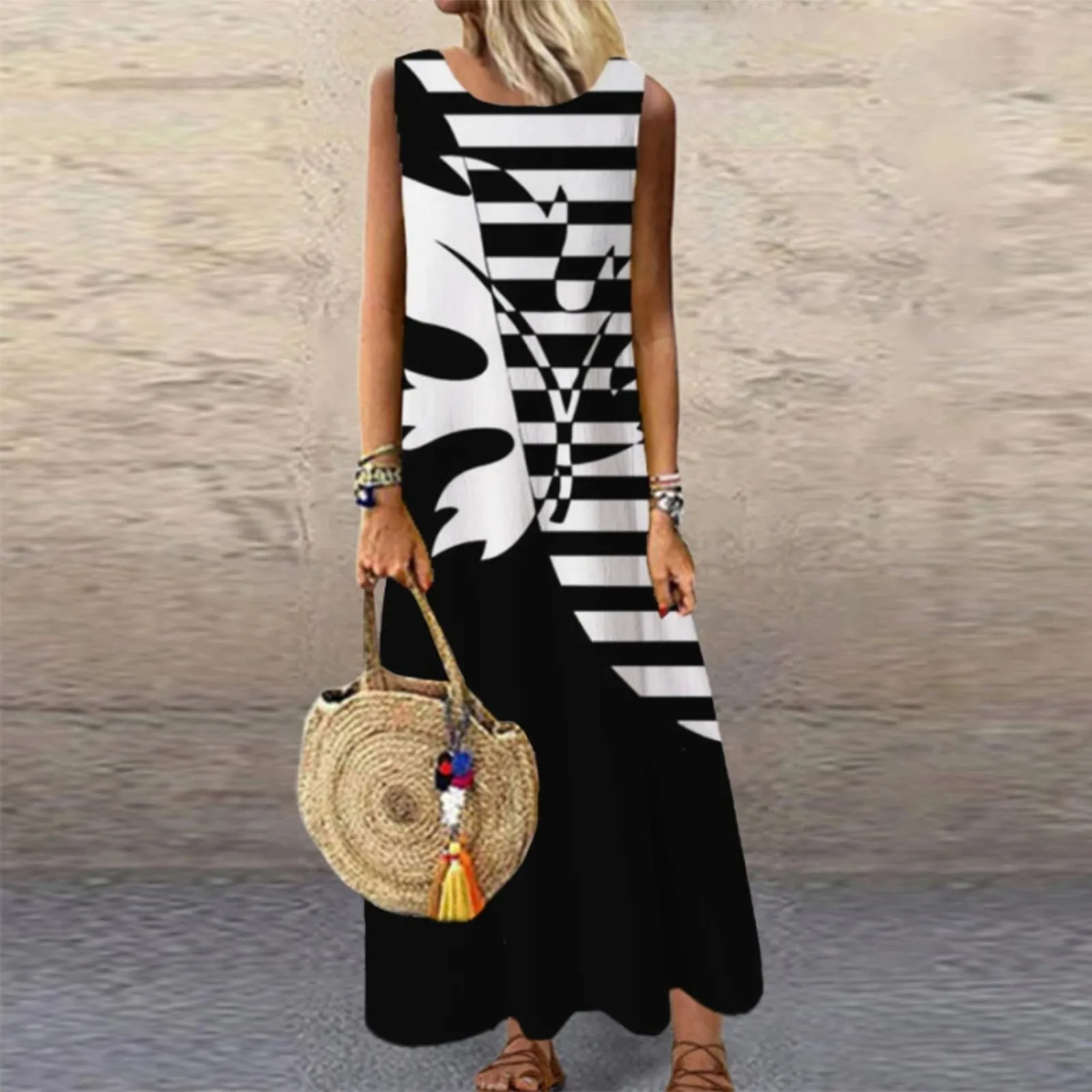 Летнее женское свободное Повседневное платье с рисунком юбка без рукавов