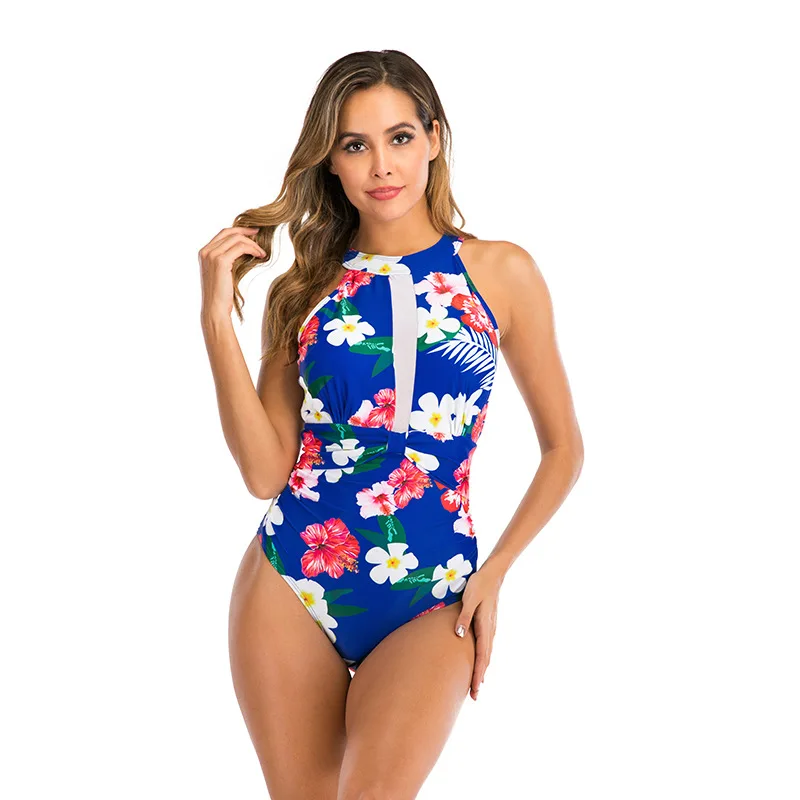 

Sumiton Cross Border New High Collar Perspective Mesh Pleated Swimsuit Plant Printed One Piece Swimsuit