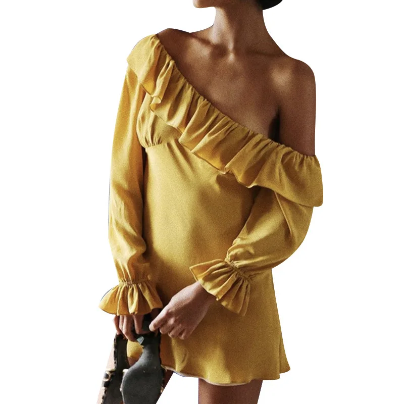 

Design season new diagonal shoulder ruffled dew shoulder long mini slim slim dress