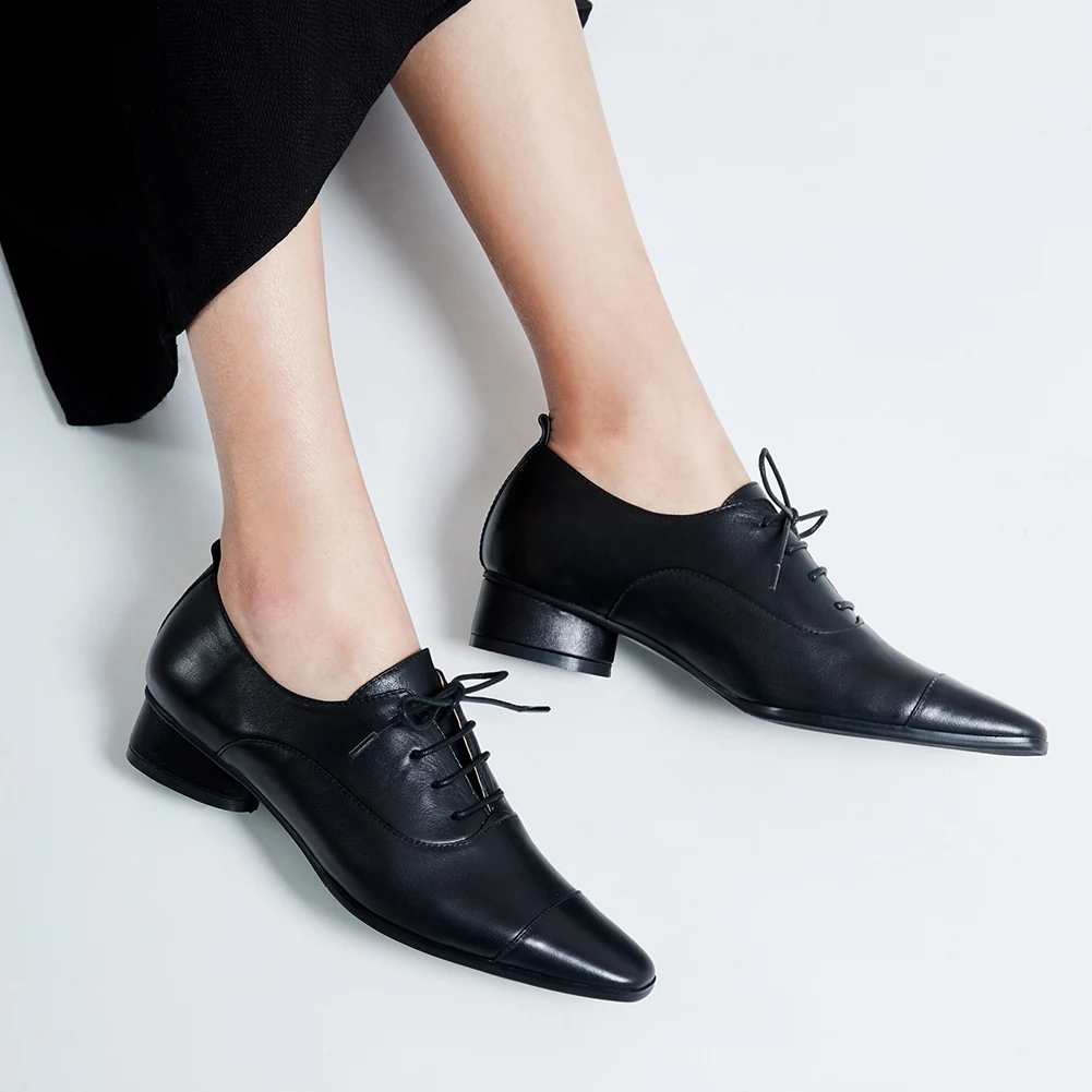 

SARAIRIS Brand New Ladies Casual Mature Office Fashion Pumps Genuine Leather Pumps Women Shoelace Chunky Heels Shoes Woman