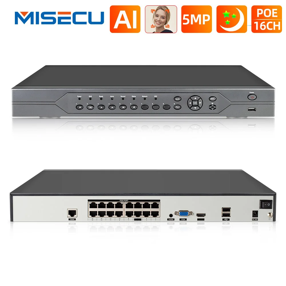 MISECU 16CH 5MP POE NVR 48 В реального PoE 3MP 4K Сетевой Видео Регистраторы для ip камеры с