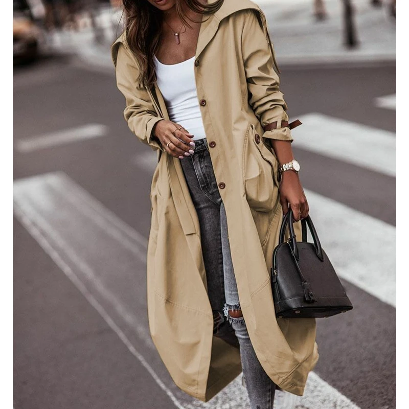 

Wepbel Jackets Outwear Hooded Autumn Long Coats Trench Pocket Single-Breasted Trench Coat Women Fashion Streetwear Overcoats