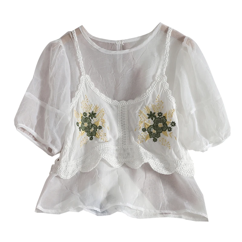 

Kimutomo Sweet Two Piece Sets Women Solid O-neck Puff Sleeve Shirt + Color Contrast Embroidery Patchwork Knit Sling Female Suit