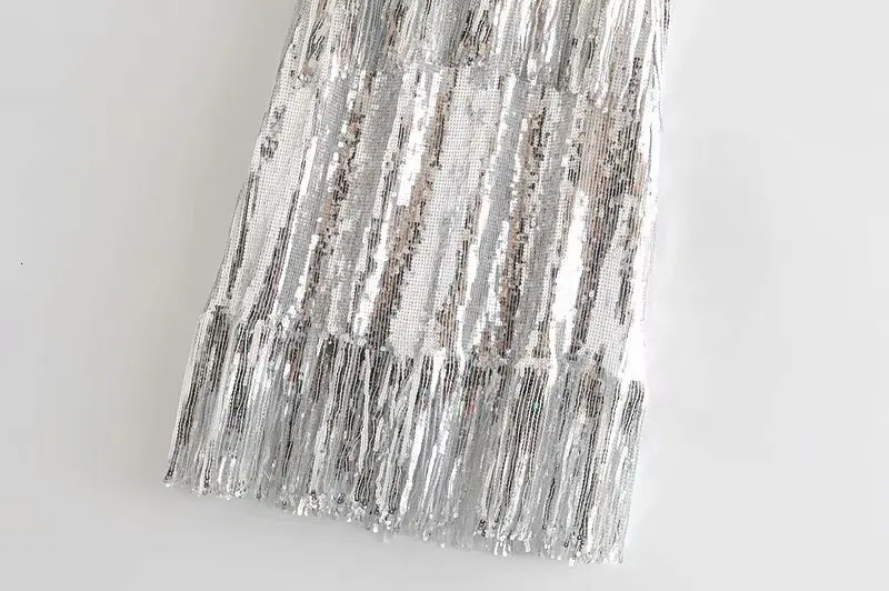 sexy silver sequined party dress women sleeveless backless tassel dress elegant ladies vestido
