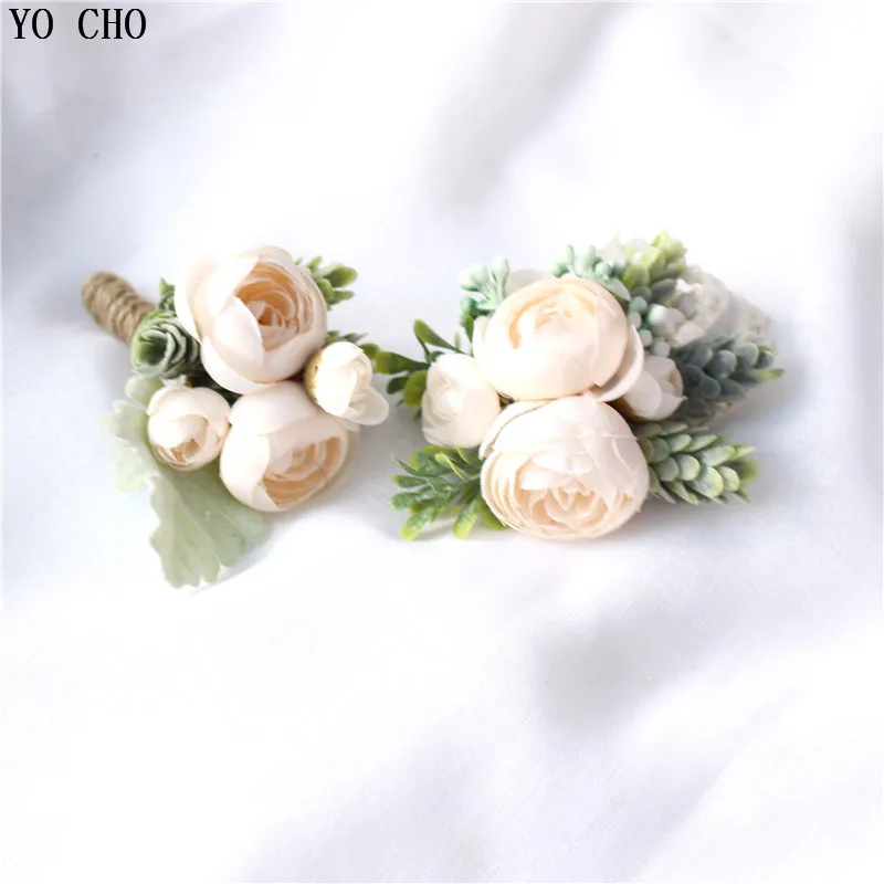 

YO CHO Silk Rose Bud Flower Wedding Corsage Pin Artificial Flowers Groom Boutonniere Buttonhole Cuff Bracelet Bridesmaid Wedding