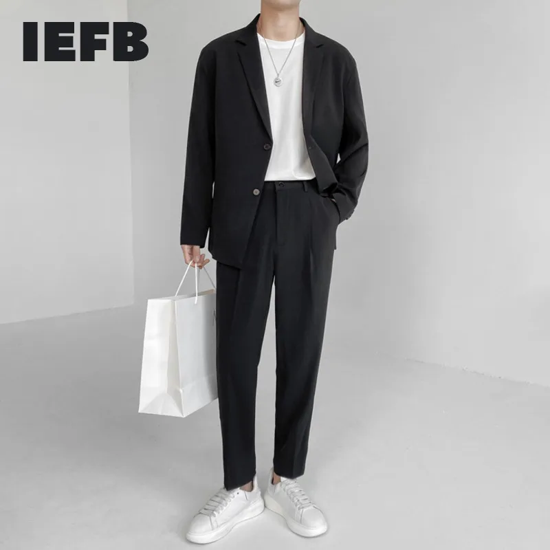 IEFB Men's Suit Two Pieces Set Simple Light Mature Loose Long Sleeve Suit Coat + Suit Pants Green High Quality New 2023 9Y8066