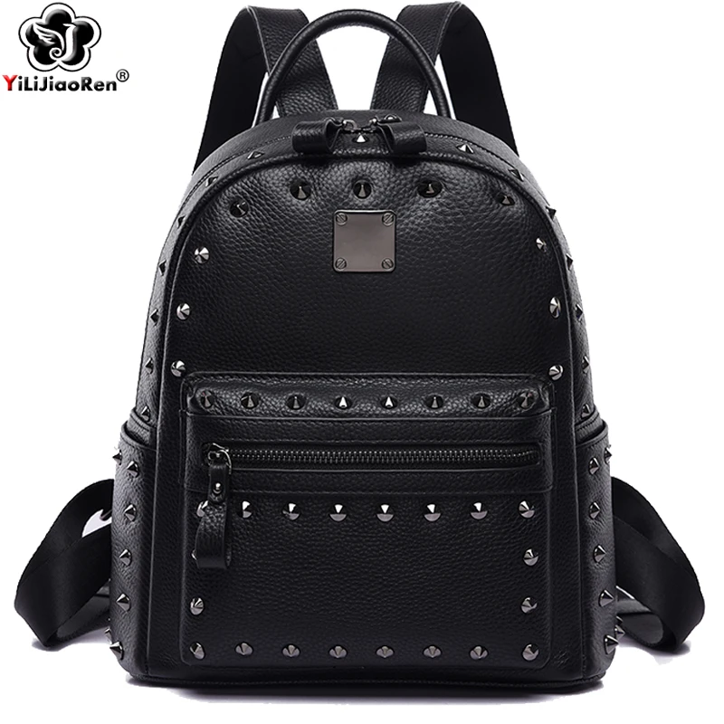 Модный рюкзак с заклепками женская сумка на плечо 100% из натуральной кожи женские