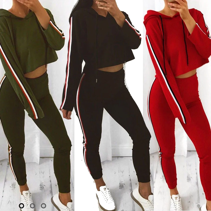 

Striped Crop top solid Suit Set 2020 Women Tracksuit Two-piece Sport Style Outfit Jogging Sweatshirt Fitness Lounge Sportwear