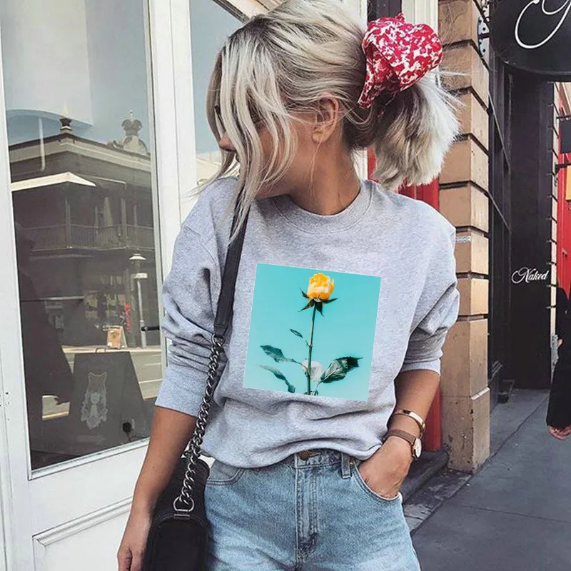 

Women Hoodie Yellow Rose Printed Hoodies Women Fleece Long Sleeve O Neck Loose Sweatshirt Girls Pullovers Winter