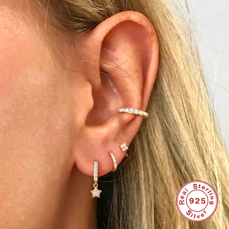 

CANNER 1Pair Fine Jewelry Cute Bling Star Hoop Earrings 925 Sterling Silver Circle Round Hoop Earrings for Women lovers' Gift