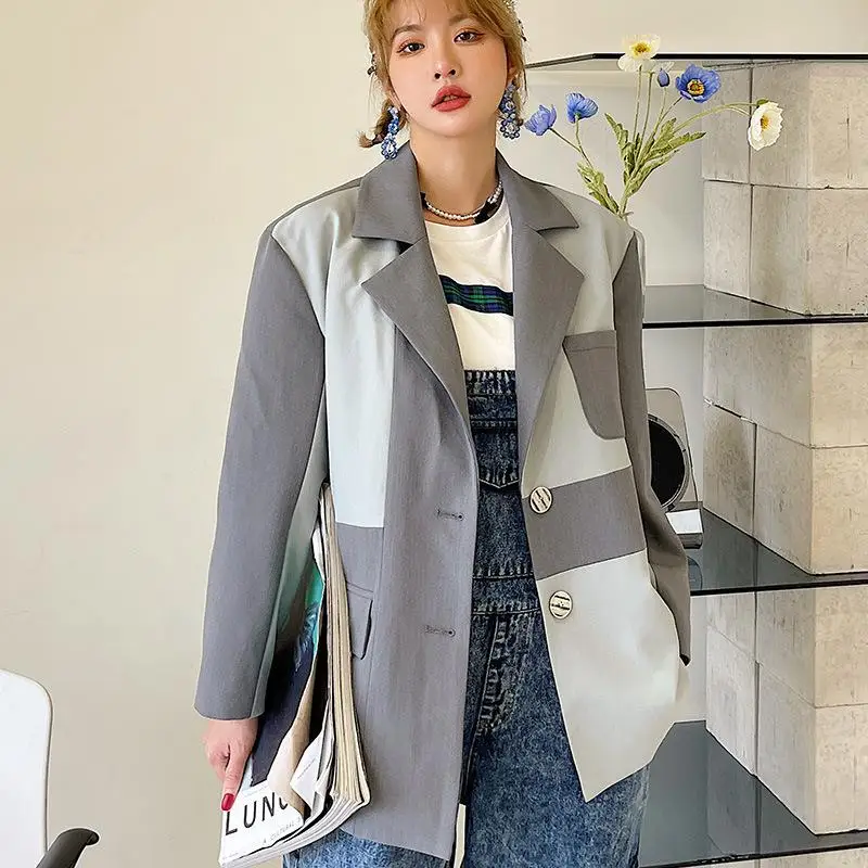 

spring new 2021 color contrast British style large size loose Blazer coat women's design sense loose casual versatile suit