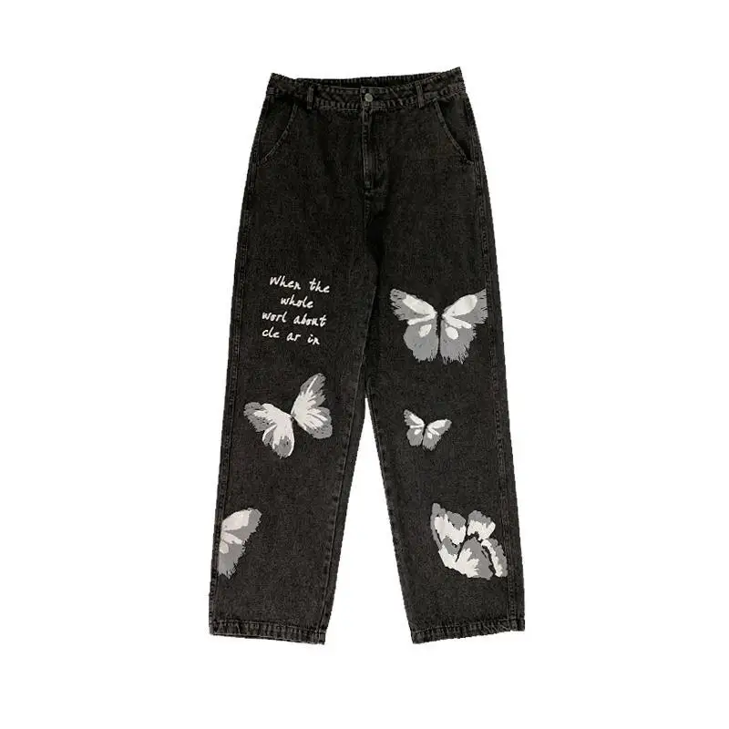 

Fernan Butterflies Print Denim Hip Hop Jeans Wide Leg Pants Women High Waist Hippie Mopping Pants Streetwear Fashion Trousers
